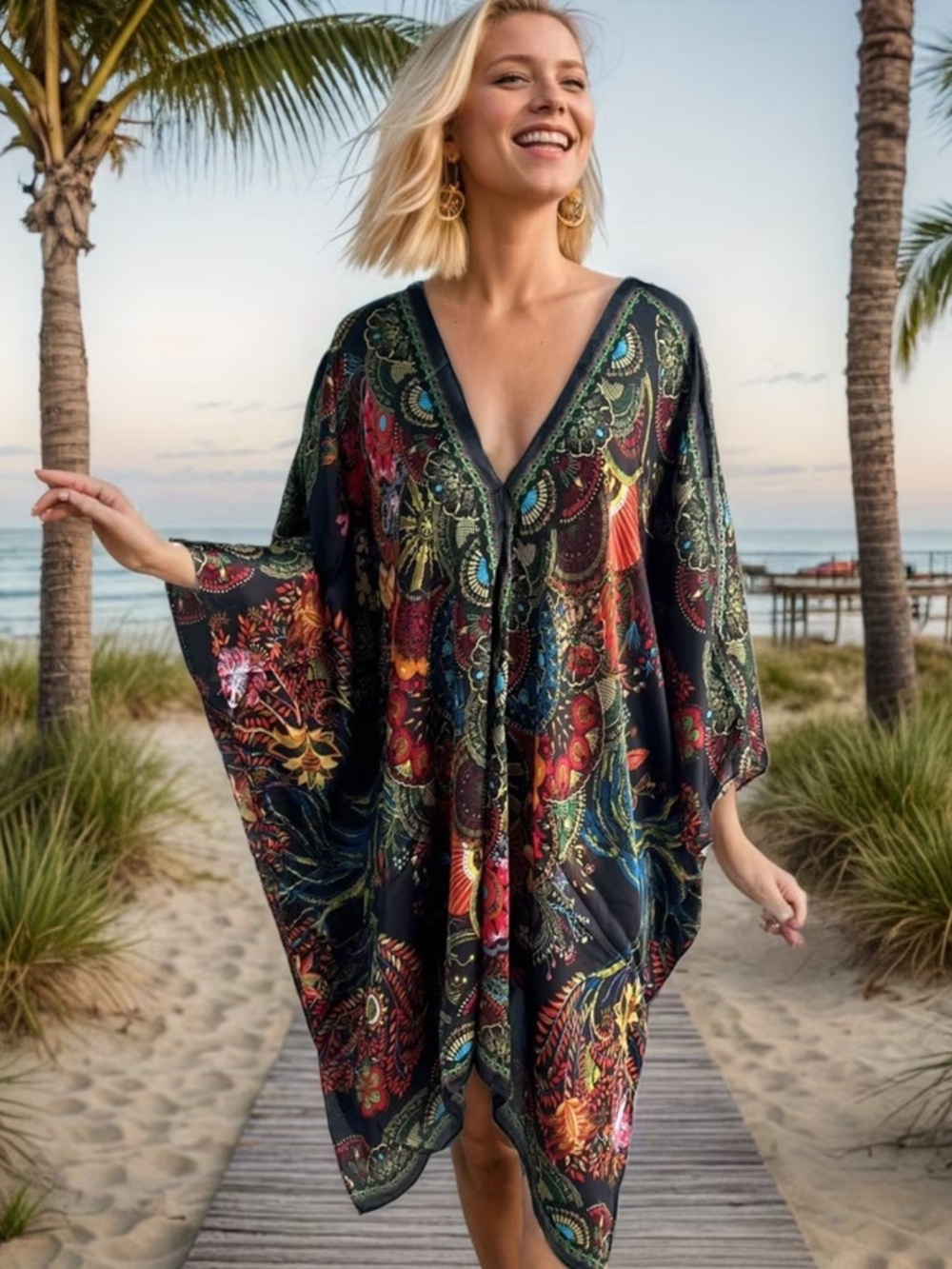 Boho Floral Multi-Color V-Neck Beach Cover-Up